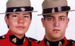 default-513 Side by side images of a woman and a man in red serge RCMP dress uniforms and tan hats.